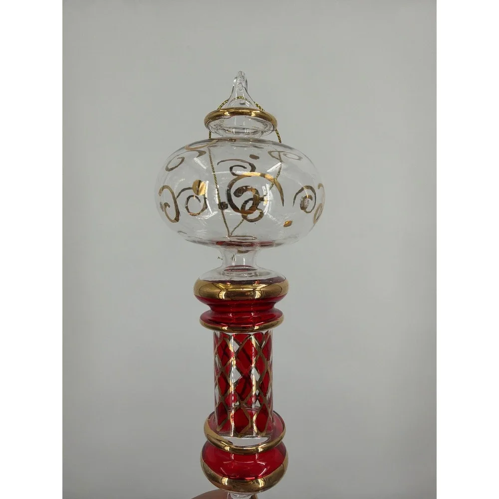 Vintage‎ Hand Blown Glass Finial Christmas Ornament Red Gold Scroll 7.5 Inch